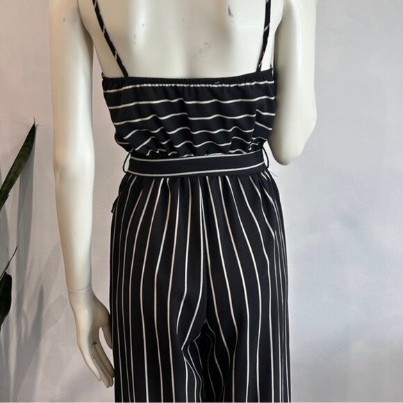 Black  White Crepe Wrap Front Wide Leg Jumpsuit - Picture 9 of 11